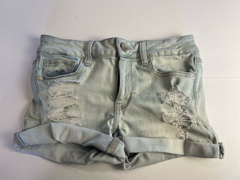 American Eagle Women's Next Level Stretch Sky Blue Ripped Jean Shorts size 6